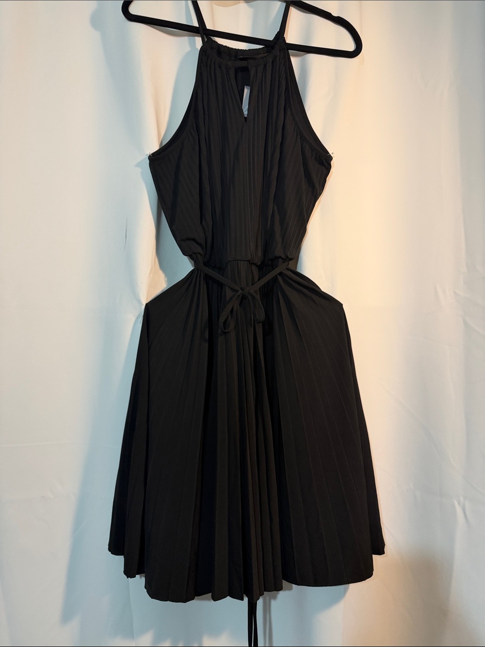 Lane Bryant Black Halter Tie-Waist Pleated Mini Dress